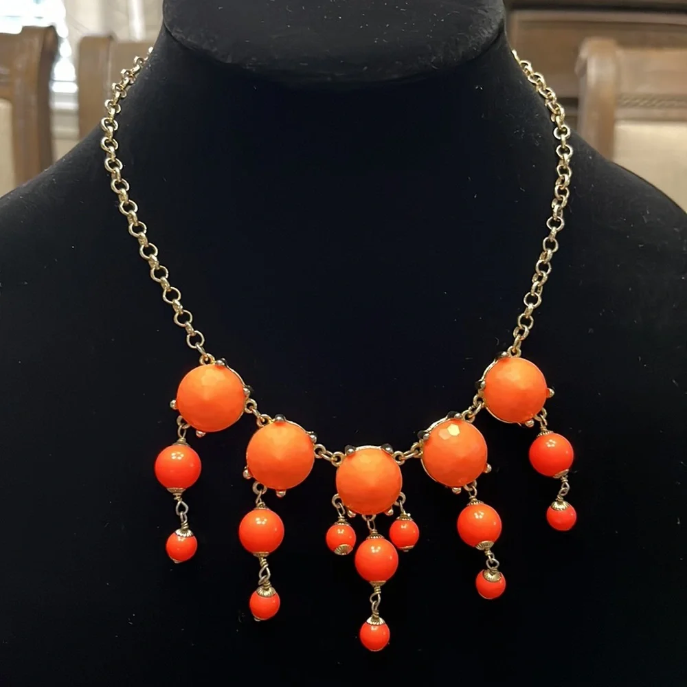 J.Crew bright orange beads with gold tone  statement necklace 9.5”
